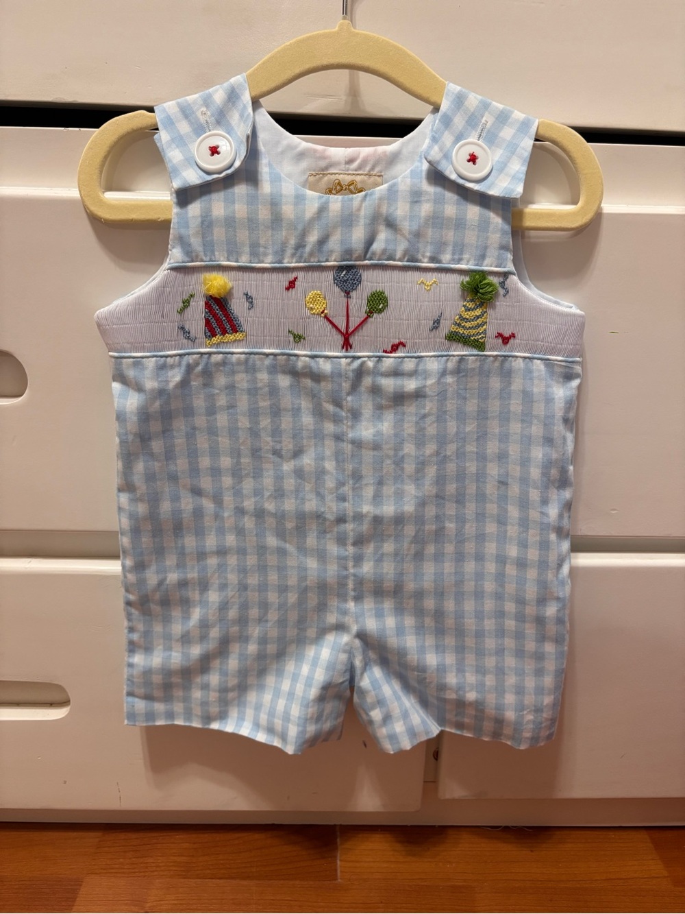 TBBC Classic Blue Gingham Baby Romper with Party Embroidery